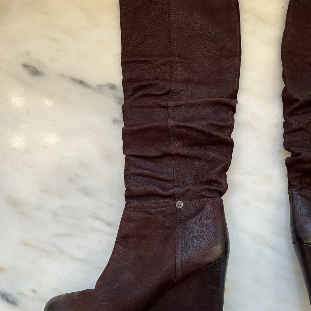 Dark Brown Prada Knee High Wedge Boots Size 9 US EU 39 Nubuk/Suede MINT Rusched - Picture 4 of 10